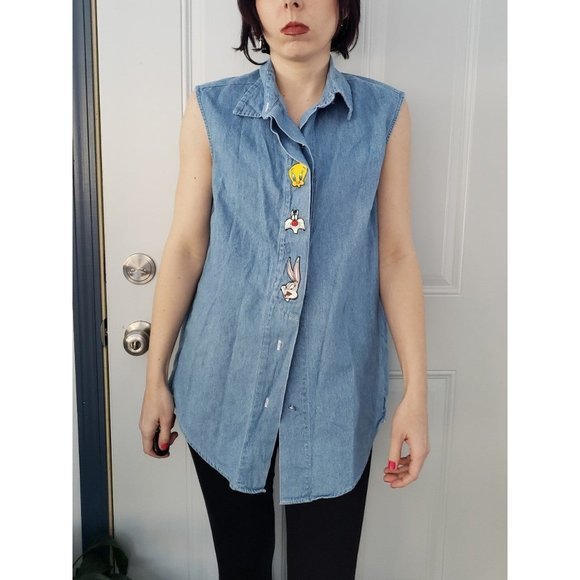 Vintage 90s Sleeveless‎ Denim Shirt with Looney Tunes Characters - Picture 1 of 4
